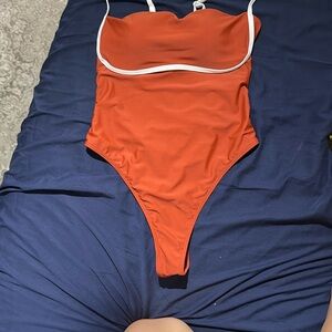 Orange One-Piece Swimsuit with White Trim